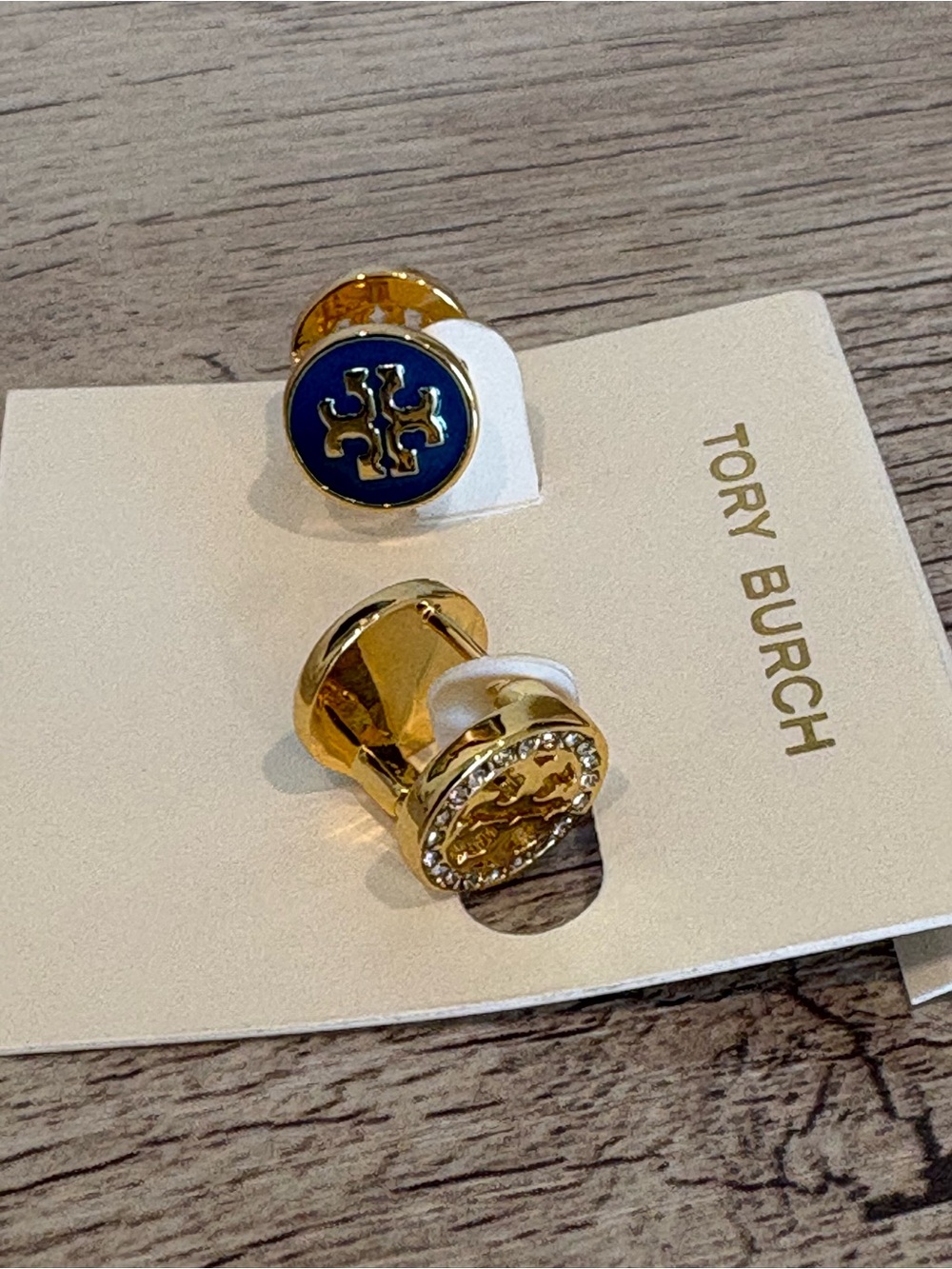Tory Burch Gold and Navy Logo Double Sided Earrings with Pave Crystal